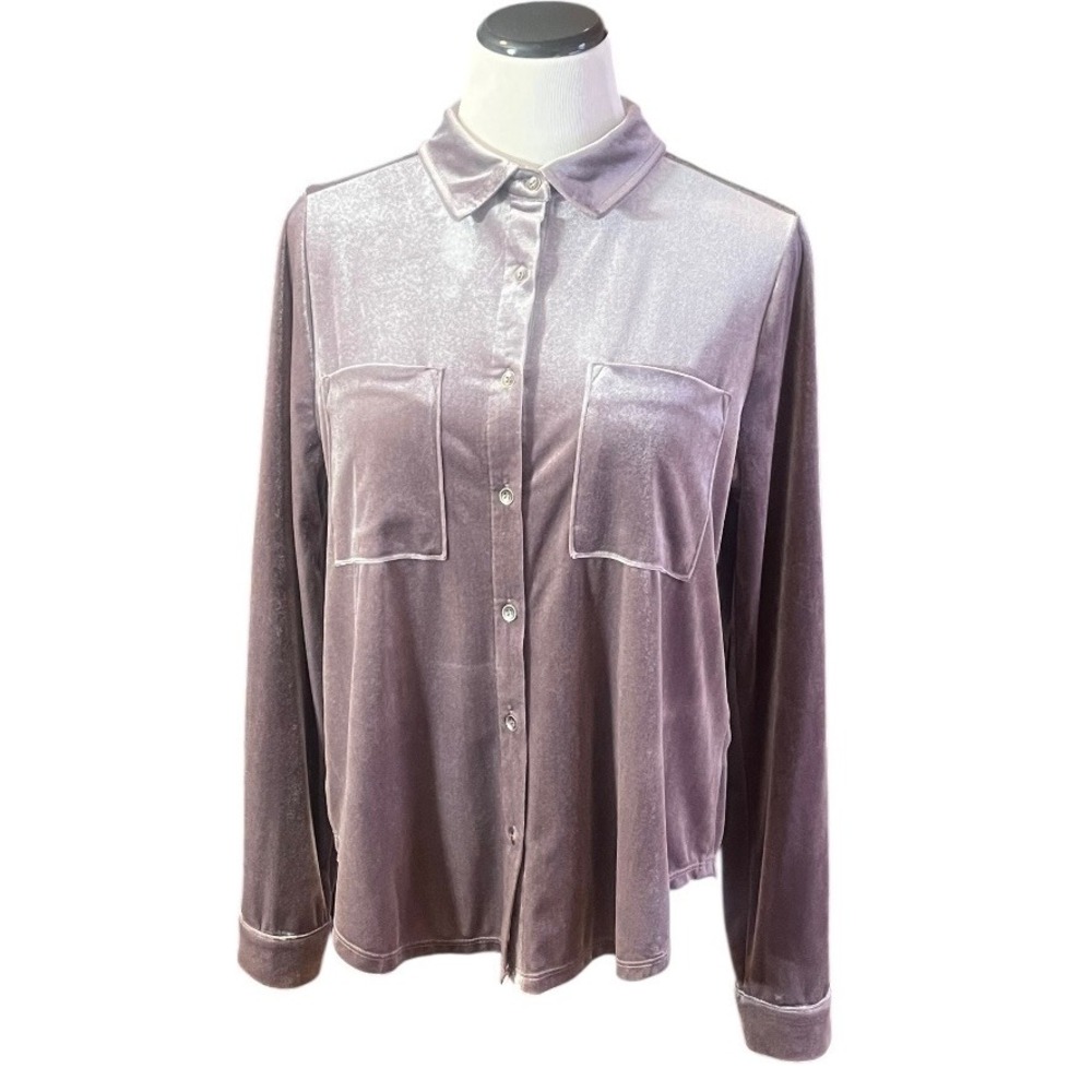 Easel Velvet Button Down Shirt Lavender‎ Mauve Roll Tab Sleeve ET16972 Small
